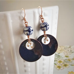 Blue & White Copper Enamel Ceramic Earrings Elegant Handmade